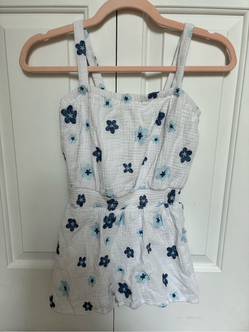 Design History White Cotton Romper with Navy and Light Blue Floral Embroidery